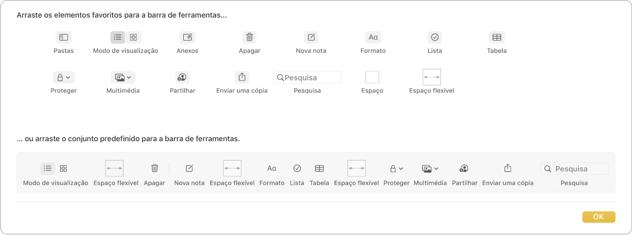 Uma janela da aplicação Notas a mostrar as opções de personalização da barra de ferramentas que estão disponíveis.