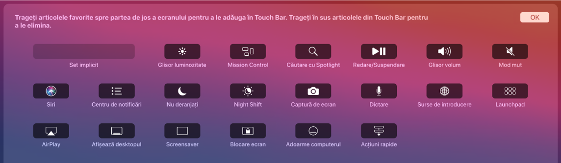 Articolele pe care le puteți personaliza pe Control Strip trăgându‑le în Touch Bar.