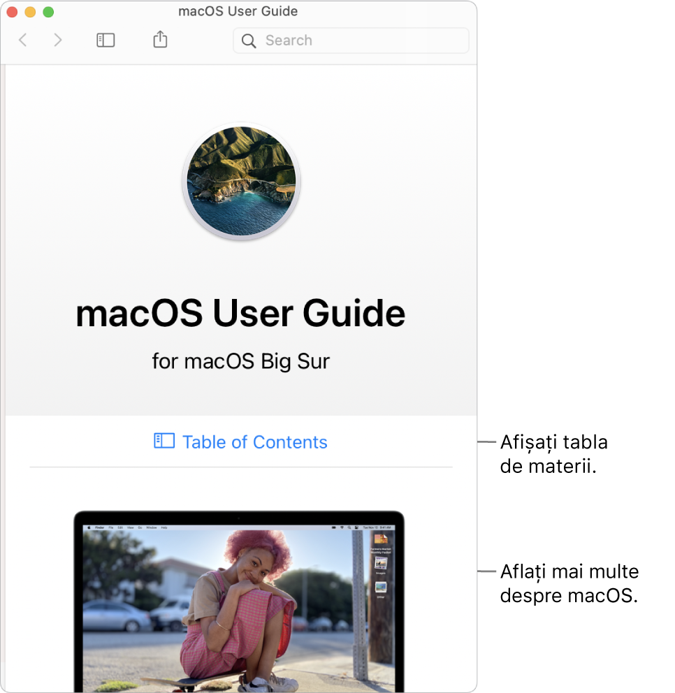 Pagina de bun venit a Manualului de utilizare macOS afișând linkul Tablă de materii.