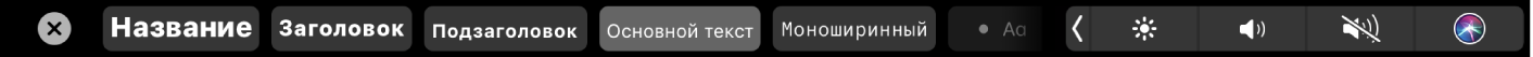 Панель Touch Bar для Заметок. Показаны кнопки стилей абзацев (в том числе название, заголовок или блок текста) и кнопки вариантов списков (с маркерами, тире или номерами).