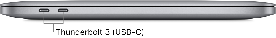 MacBook Pro с чипом Apple M1, вид слева. Показаны порты Thunderbolt 3 (USB-C).