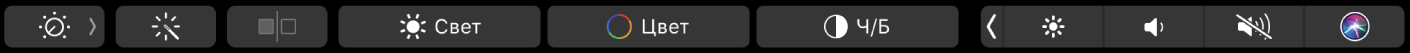 Панель Touch Bar. Показаны кнопки редактирования фотографий (обрезка, применение фильтров, регулировка яркости и ретушь), а также кнопка перехода к другим функциям.