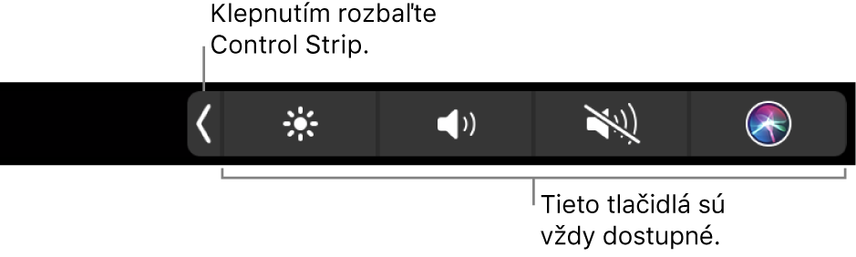 Časť obrazovky predvoleného Touch Baru so zbaleným Control Stripom. Klepnutím na tlačidlo rozbalenia zobrazíte celý Control Strip.
