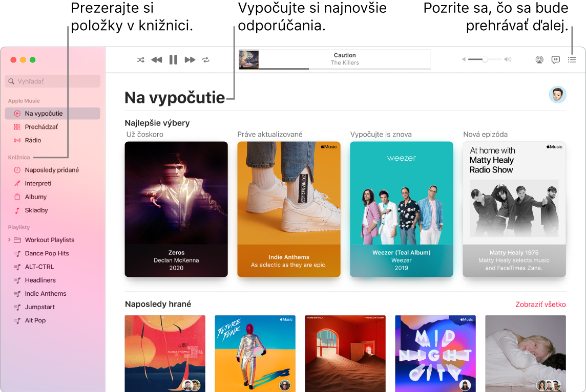 Okno aplikácie Hudba s informáciami o tom, ako zobraziť knižnicu, počúvať hudbu z Apple Music a pozrieť sa, čo sa bude prehrávať ďalej.