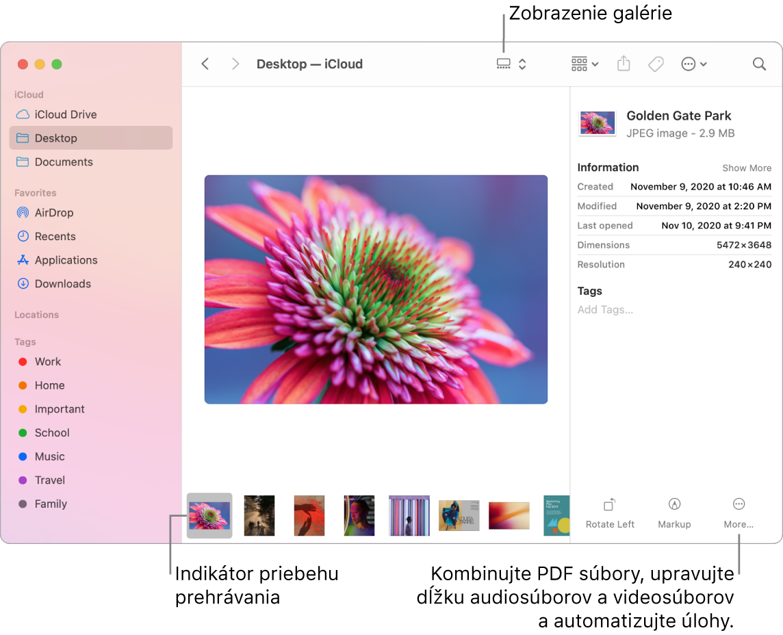 Zobrazenie galérie v otvorenom okno Findera zobrazujúce veľkú fotku spolu s riadkom menších fotiek (posuvnou lištou) pod ňou. Ovládacie prvky na otáčanie, označovanie a ďalšie akcie sú vpravo od posuvnej lišty.