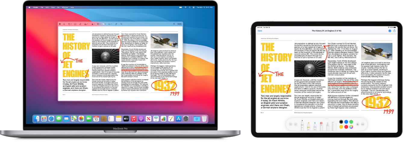 MacBook Pro a iPad vedľa seba. Na oboch obrazovkách sa zobrazuje článok s červenými rukou písanými korektúrami, napríklad preškrtnutými vetami, šípkami a pridanými slovami. V dolnej časti obrazovky iPadu sa zobrazujú aj ovládacie prvky značiek.