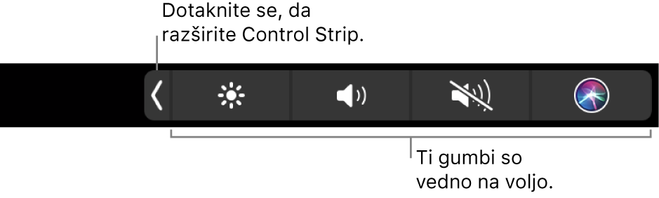 Delni zaslon privzete vrstice Touch Bar s prikazano strnjeno vrstico Control Strip. Tapnite gumb za razširitev, da prikažete celotno vrstico Control Strip.