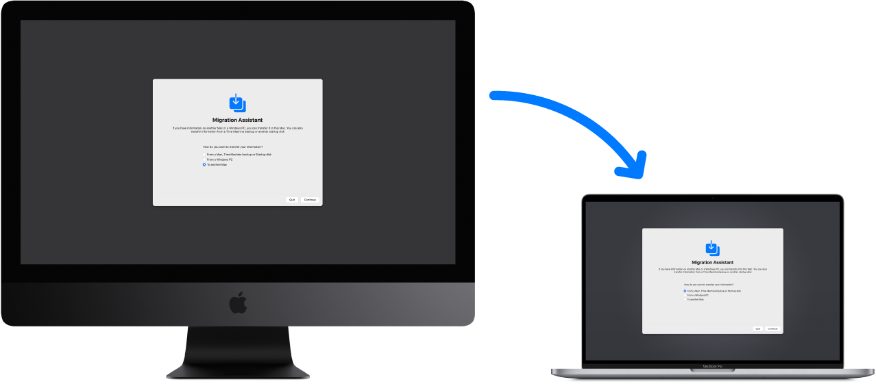 Starejši računalnik iMac s prikazom zaslona Migration Assistant, povezan z računalnikom MacBook Pro s prav tako odprtim zaslonom Migration Assistant.