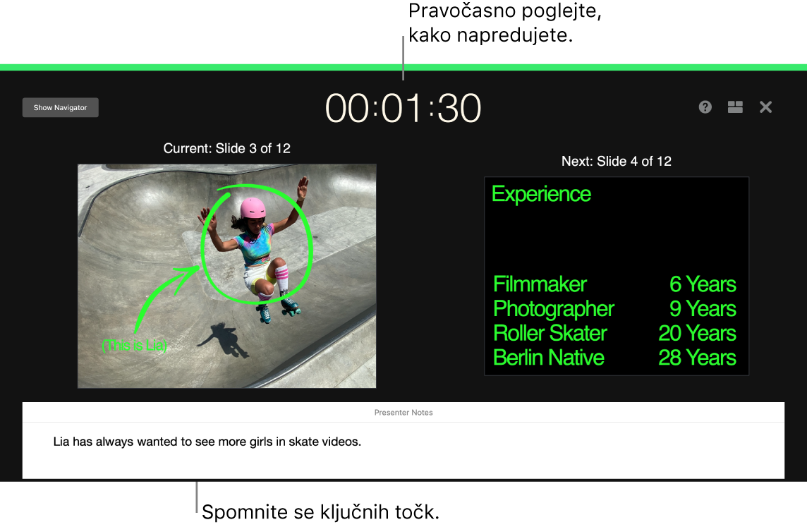 Okno aplikacije Keynote, ki prikazuje funkcijo »Rehearse Slideshow« (Vadi diaprojekcijo).