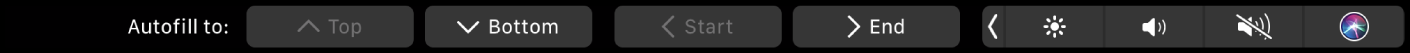 Numbers Touch Bar med knapparna för autofyll synliga. Bland annat finns knapparna för upptill, nedtill, början och slutet.
