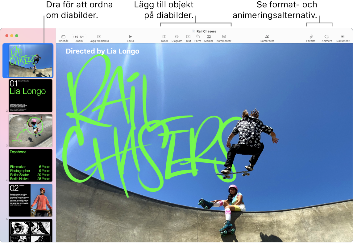 Ett Keynote-fönster som visar diabildsnavigatorn till vänster och hur du ordnar om diabilder, verktygsfältet med redigeringsverktyg överst, samarbetsknappen uppe till höger och knapparna för format, animering och dokument till höger.