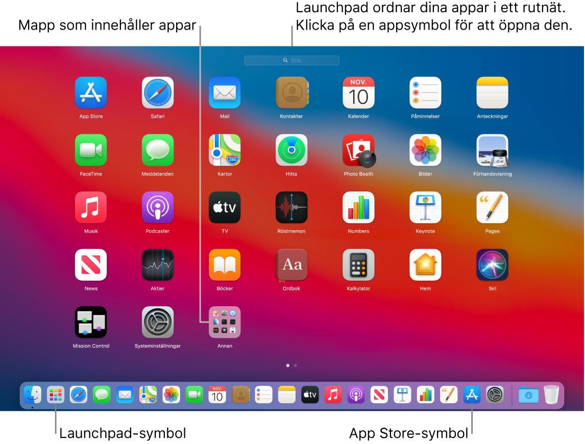 En Mac-skärm med Launchpad öppet som visar en mapp med appar i Launchpad och symbolerna för Launchpad och App Store i Dock.