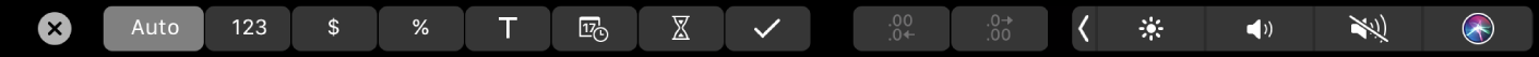 Numbers Touch Bar med formateringsknappar synliga. Här finns bland annat knapparna för valuta, procent, siffror, text, datum, tidslängd och checklista.