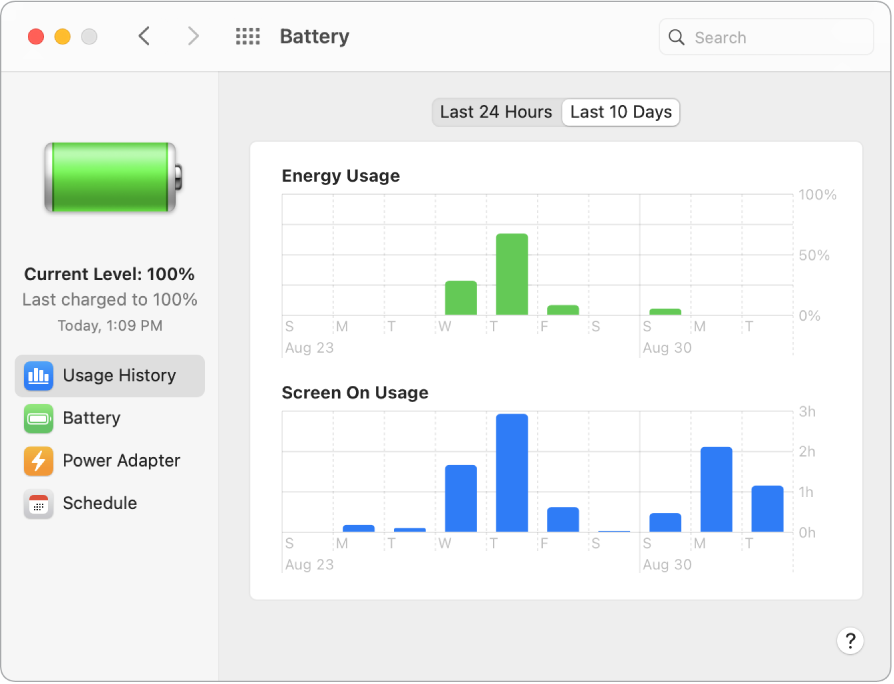 Fönstret Batterianvändningshistorik där de senaste tio dagarna har valts.