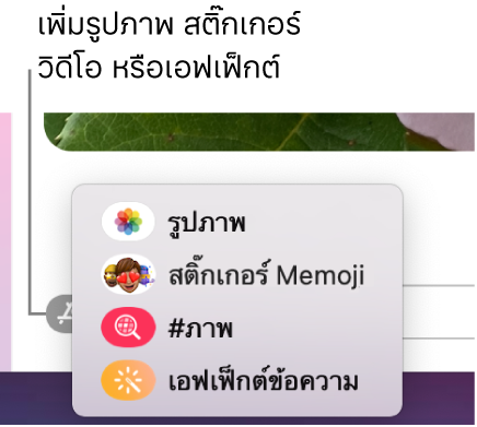 เมนูแอพที่มีตัวเลือกสำหรับแสดงรูปภาพ, สติ๊กเกอร์ Memoji, GIF และเอฟเฟ็กต์ข้อความ