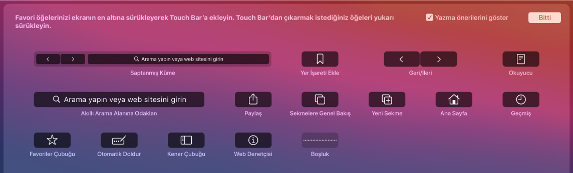 Touch Bar’a sürüklenebilecek Safari’yi Özelleştir seçenekleri.