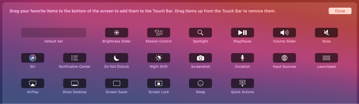 Control Strip’te Touch Bar’a sürükleyerek özelleştirebileceğiniz öğeler.