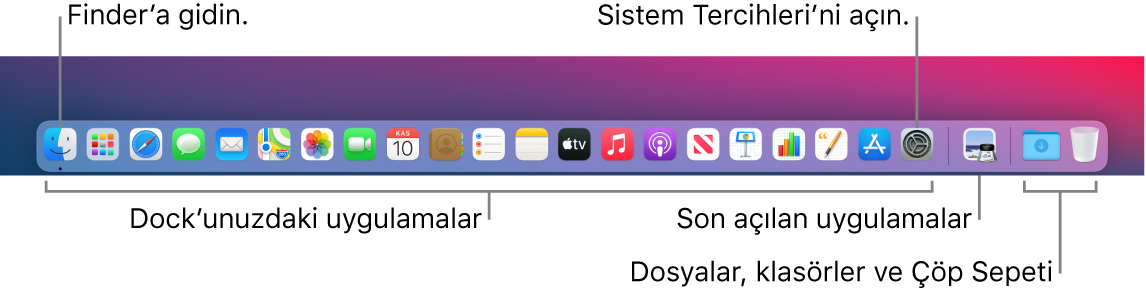 Finder’ı, Sistem Tercihleri’ni ve Dock’ta uygulamaları dosya ve klasörlerden ayıran bölücüyü gösteren Dock.