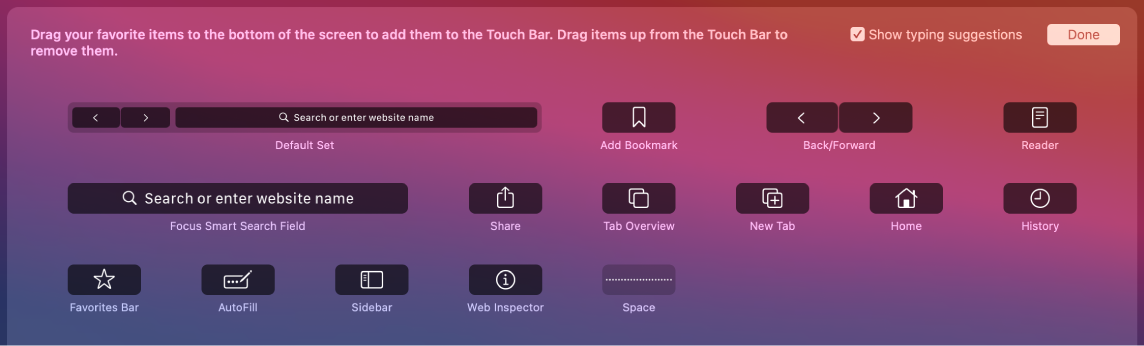 Touch Bar’a sürüklenebilecek Safari’yi Özelleştir seçenekleri.