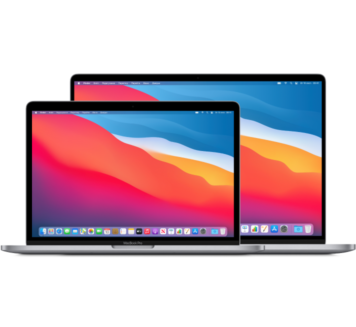13-дюймовий комп’ютер MacBook Pro попереду 16-дюймового MacBook Pro.