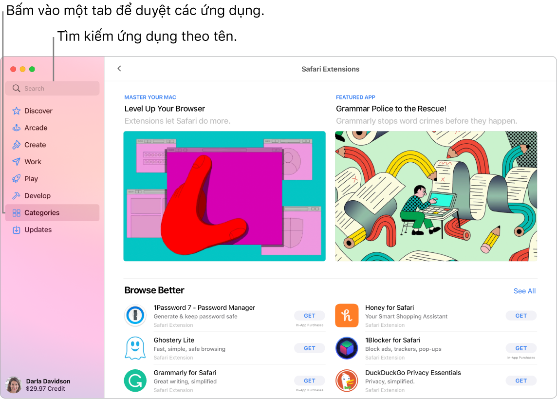 Cửa sổ App Store đang hiển thị trường tìm kiếm và một trang Phần mở rộng của Safari.