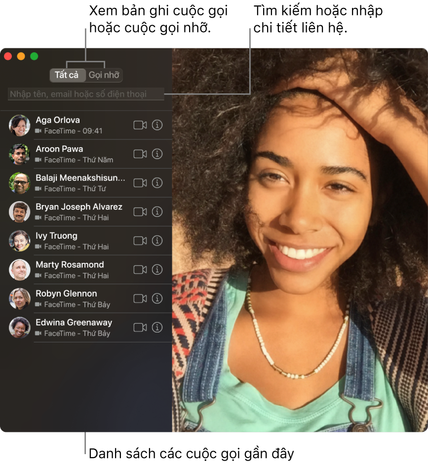 Một cửa sổ FaceTime đang minh họa cách thực hiện cuộc gọi video hoặc âm thanh, sử dụng trường tìm kiếm để nhập hoặc tìm kiếm chi tiết liên hệ và xem danh sách các cuộc gọi gần đây.