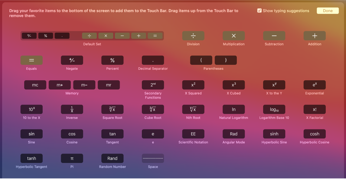 Các mục trong Touch Bar Máy tính bạn có thể tùy chỉnh bằng cách kéo chúng vào Touch Bar.