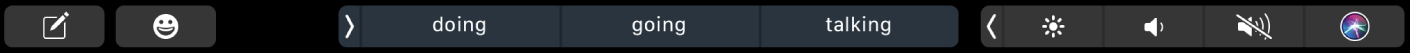 Touch Bar Tin nhắn với các nút để soạn tin nhắn và nhập biểu tượng. Cũng có các nút hiển thị các gợi ý nhập liệu.
