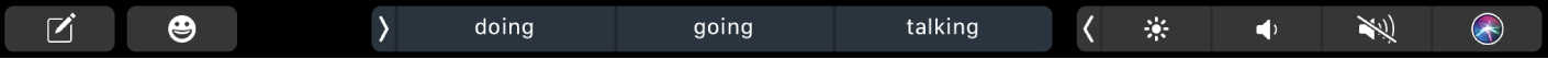 Touch Bar Tin nhắn với các nút để soạn tin nhắn và nhập biểu tượng. Cũng có các nút hiển thị các gợi ý nhập liệu.
