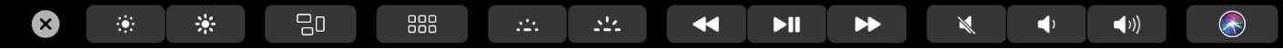 Touch Bar với Control Strip được mở, đang hiển thị các nút cho độ sáng màn hình, Mission Control, Launchpad, độ sáng bàn phím, điều khiển phương tiện, âm lượng và Siri.