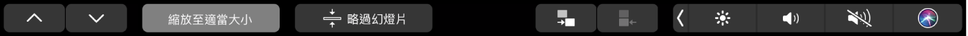 Keynote 觸控列顯示箭頭按鈕、縮放至適當大小按鈕、略過幻燈片按鈕、縮排幻燈片按鈕和減少縮排幻燈片按鈕。