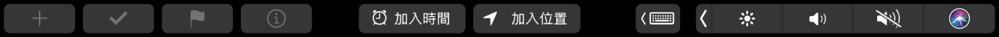帶有新增提醒事項、勾選、加上旗標、資訊、「加入時間」以及「加入位置」按鈕的「提醒事項」觸控列。