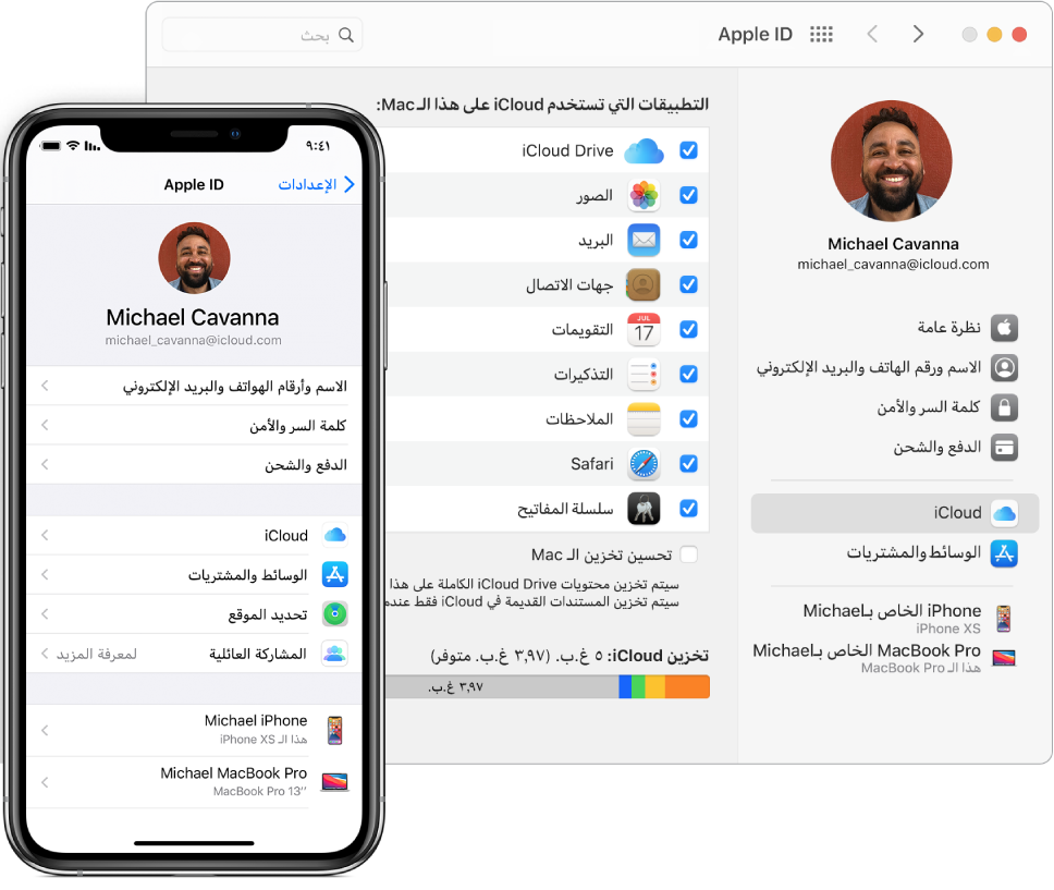 إعدادات iCloud على الـ iPhone ونافذة iCloud على الـ Mac.