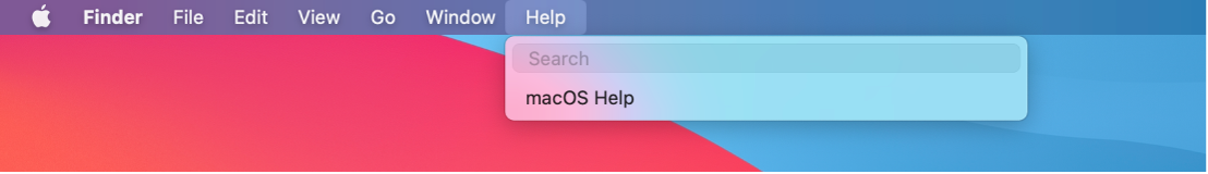 Част от работна площ, в която е отворено менюто Help (Помощ) с показани опции за Search (Търсене) и macOS Help (Помощ за macOS).