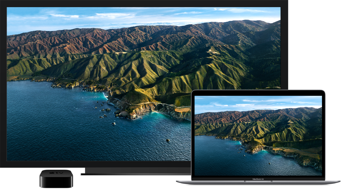 MacBook Air, чието съдържание е дублирано на голям HDTV с помощта на Apple TV.
