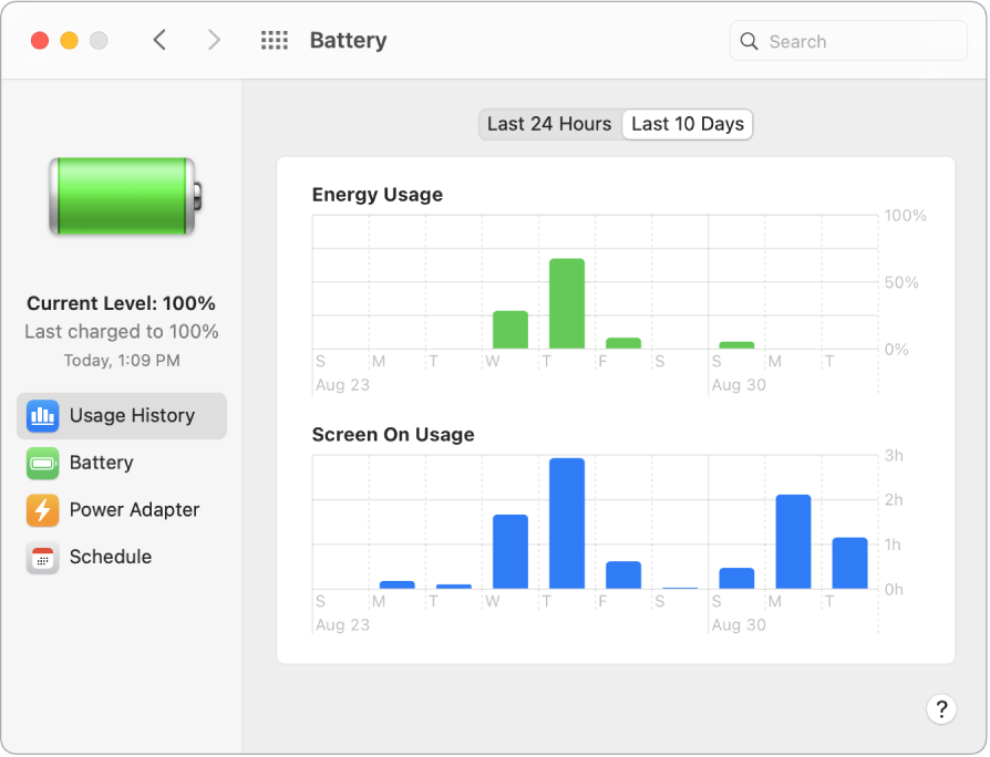 Прозорецът Battery Usage History (История на използването на батерията) с избрана опция Last 10 Days (Последните 10 дни).