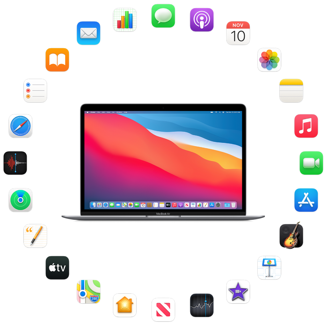 MacBook Air, заобиколен от иконките на вградените приложения, описани в следващите раздели.