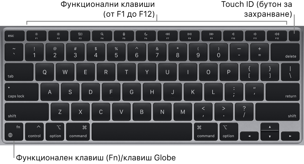 Клавиатурата на MacBook Air, която показва редицата с функционални клавиши, бутонът за захранване Touch ID в горния край и клавиша Function (Fn) в долния ляв ъгъл.
