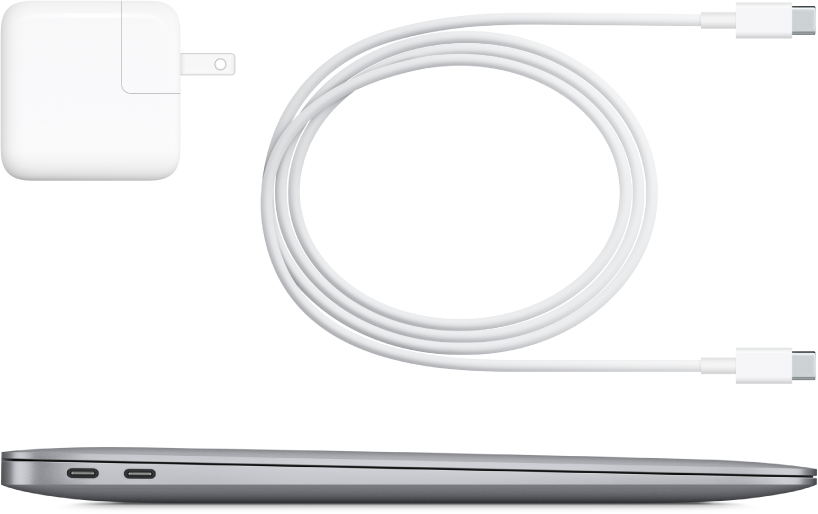 MacBook Air - поглед отстрани заедно с доставените аксесоари.