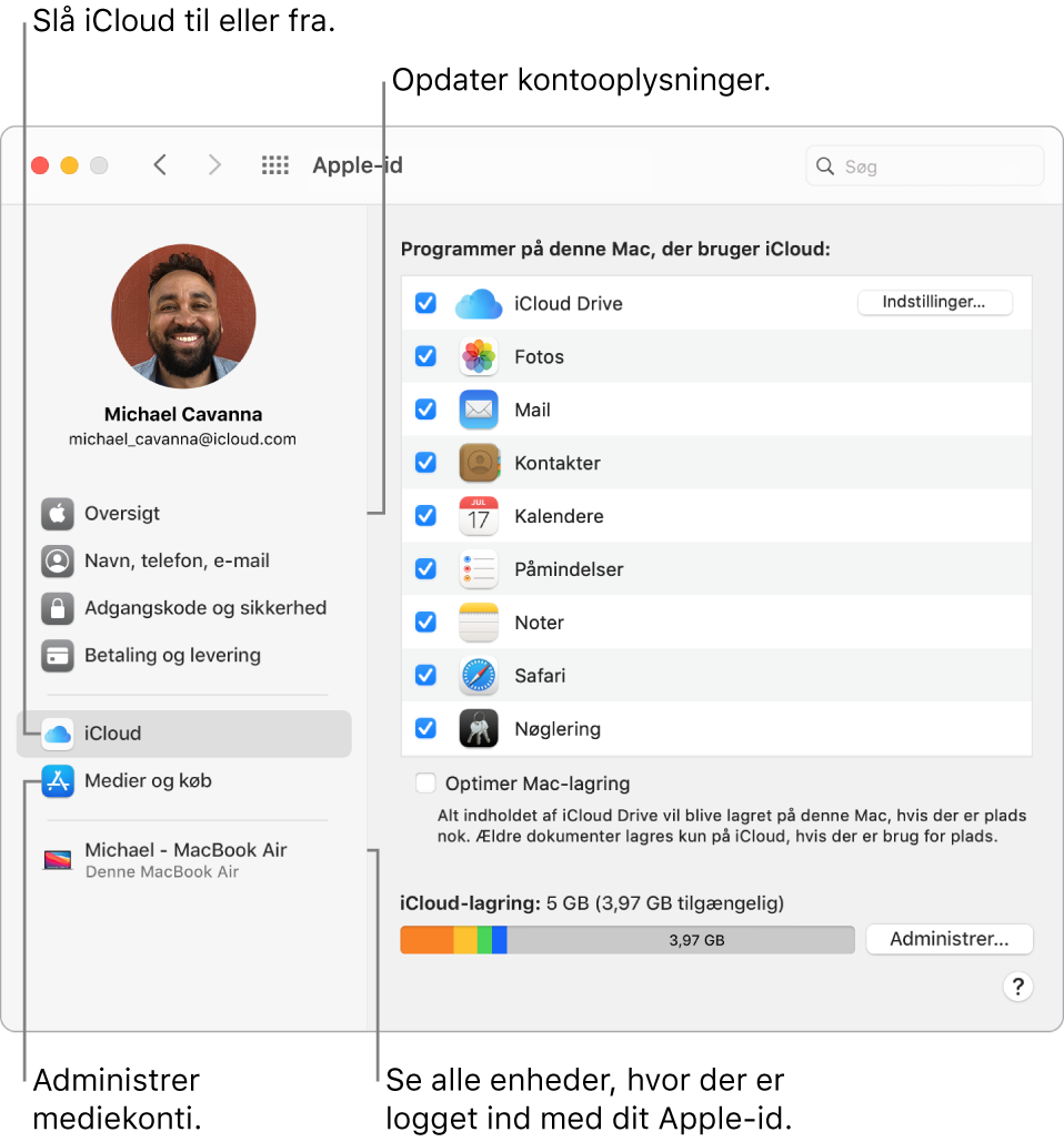 Vinduet Apple-id i Systemindstillinger. Klik på et emne i indholdsoversigten for at opdatere dine kontooplysninger, slå iCloud til eller fra, administrere mediekonti og se alle enheder, der er logget ind med dit Apple-id.