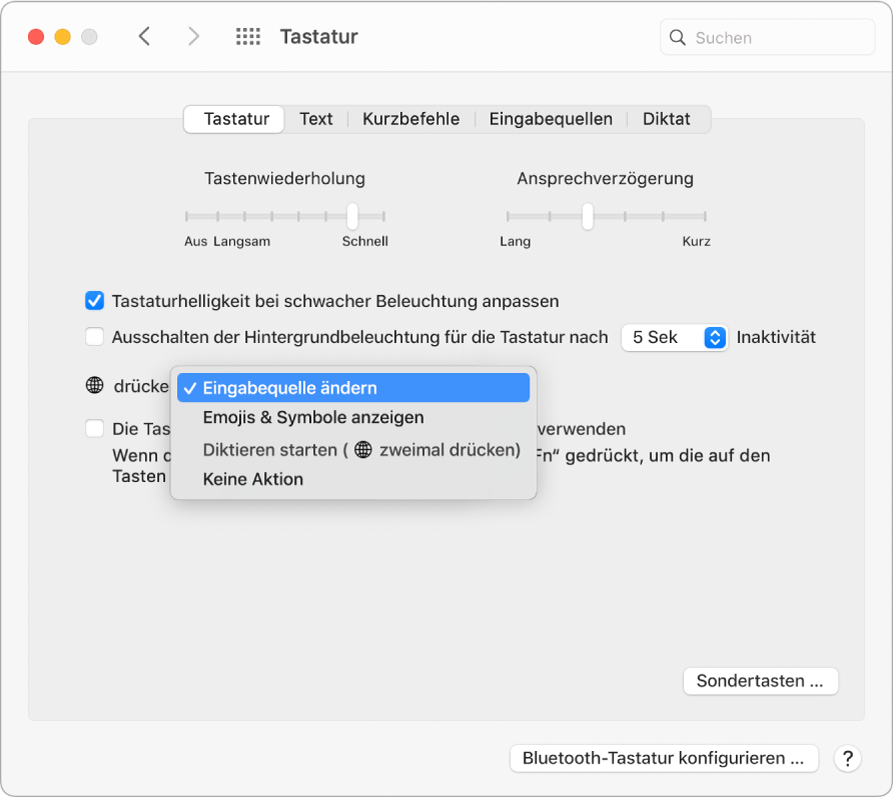 Der Bereich „Tastatureinstellungen“ mit einem Einblendmenü, in dem Optionen für die Funktionstaste/Globustaste zu sehen sind: Eingabequelle ändern, Emoji & Symbole anzeigen, Diktat starten und keine Aktion.