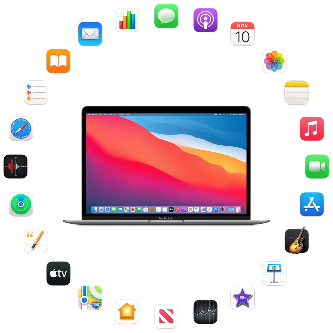 A MacBook Air surrounded by the icons for the built-in apps described in the following sections.