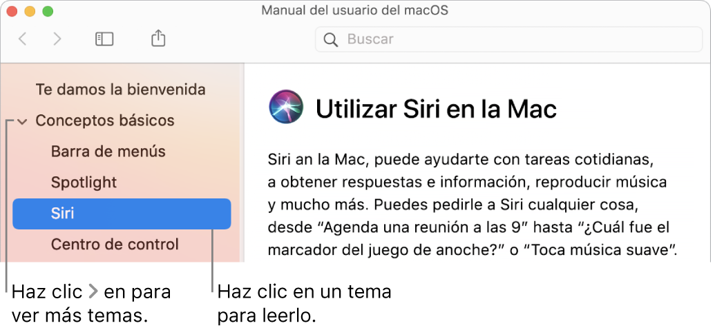 Visor de Ayuda mostrando cómo ver temas en la barra lateral y cómo mostrar el contenido de un tema.