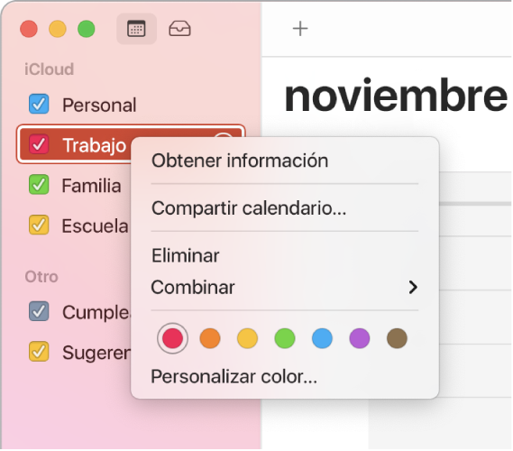 Menú de función rápida de Calendario con opciones para personalizar el color de un calendario.