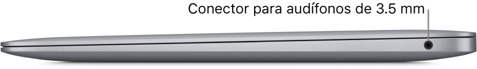 La vista lateral derecha de una MacBook Air con texto indicando el conector dual de 3.5 mm para audífonos.