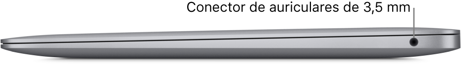 Lado derecho de un MacBook Air con llamadas al conector para auriculares de 3,5 mm.