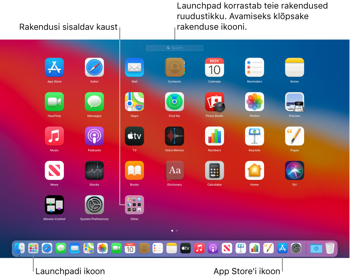 Maci kuva avatud Launchpadiga, kus kuvatakse Launchpadi rakenduste kausta ning Dock-ribal Launchpadi ja App Store'i ikoone.