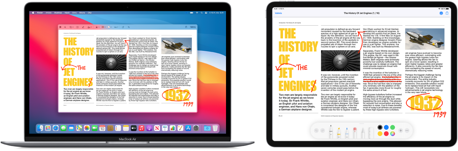 MacBook Air ja iPad ovat vierekkäin. Molemmilla näytöillä on artikkeli, johon on tehty punakynällä paljon muutoksia, kuten viivattu yli lauseita, piirretty nuolia ja lisätty sanoja. iPadin näytön alaosassa näkyy myös merkintäsäätimiä.