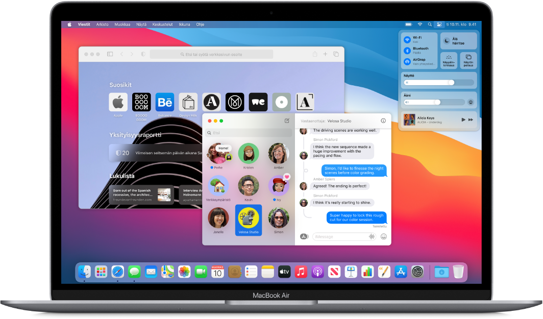 MacBook Airin työpöydällä näkyy Ohjauskeskus ja useita avoimia appeja.