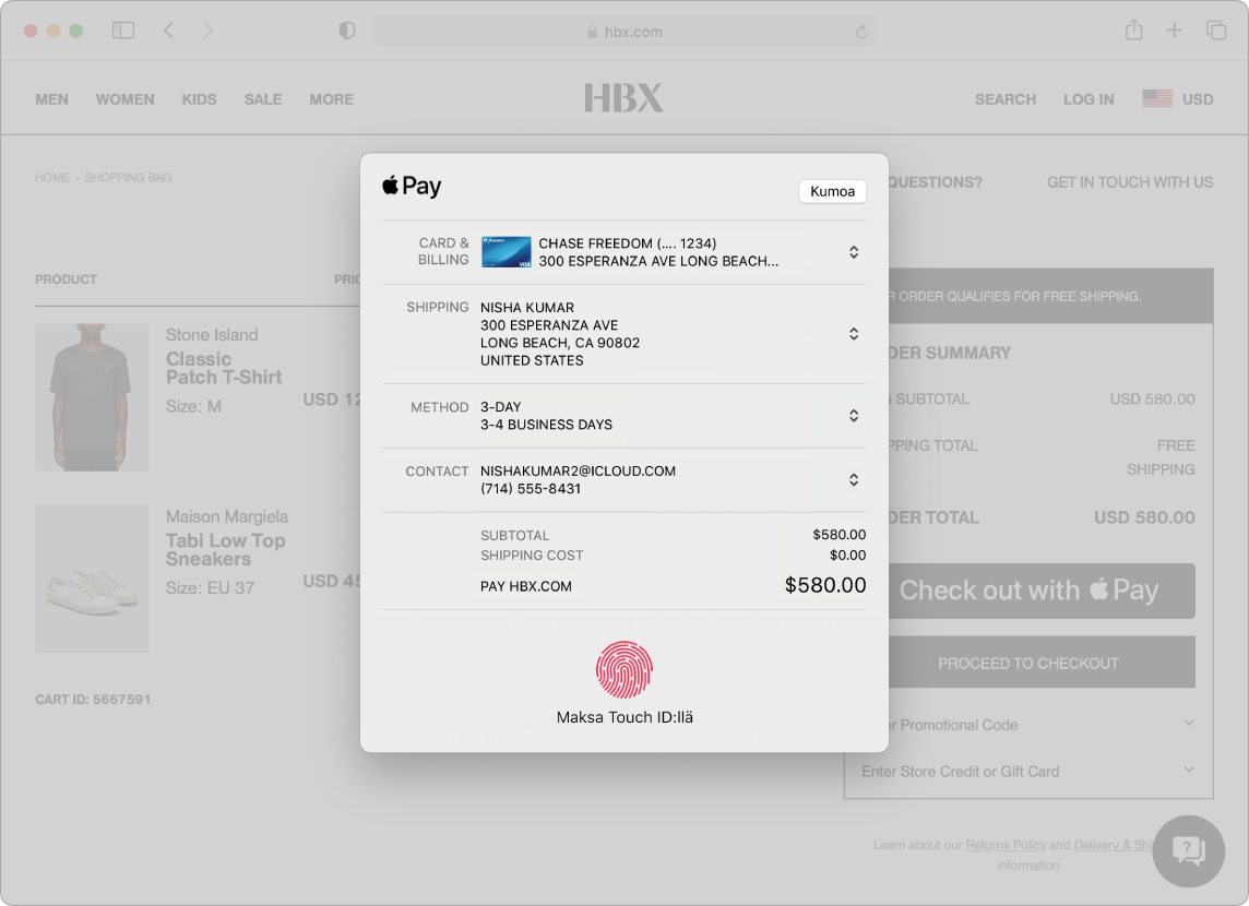 Macin näyttö verkko-ostoprosessista Apple Pay -vaihtoehdolla Safarissa.